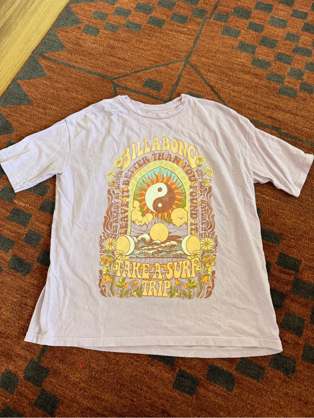 Billabong Lavender Graphic Tee with Yellow and Brown Print